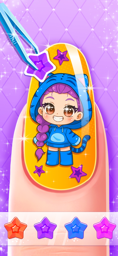 Nail Salon Games for Kids 2-5 - Application d'autocollants en forme d'étoile sur un ongle avec un personnage mignon dans un jeu de salon de manucure pour enfants.