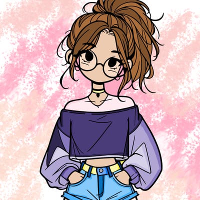 girl with a messy ponytail glasses a baggy crop top and jean shorts