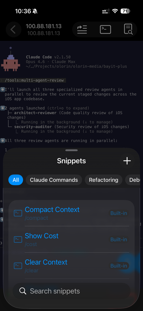 Claudette Mobile - Interface of Claudette Mobile showing the prompt snippets overlay with built-in Claude Code commands like Compact Context and Show Cost.