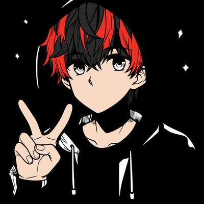 teenage manga boy in a hoodie, doing ✌