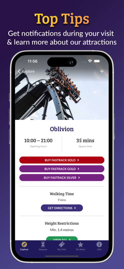 O aplicativo Alton Towers Resort exibindo informações de atrações para Oblivion, incluindo tempos de fila e opções de fastrack