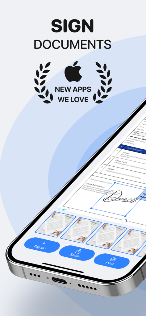 eSign: Sign PDF & Docs - Tela do iPhone exibindo a interface do aplicativo eSign para assinar digitalmente um documento com um selo New Apps We Love