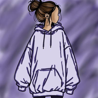 realistic girl with a oversized sweatshirt on and a bun
