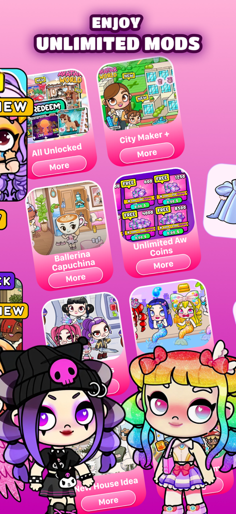 Aesthetic Avatar World Mods - Mobile app screen showing a variety of aesthetic mods and character designs for Avatar World
