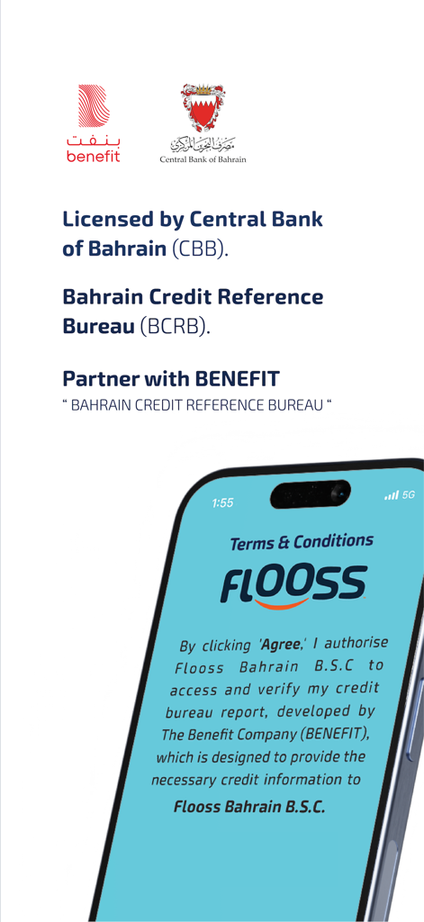 FLOOSS BAHRAIN - Aplicación móvil FLOOSS Bahréin que muestra su licencia por el Banco Central de Bahréin y su asociación con BENEFIT