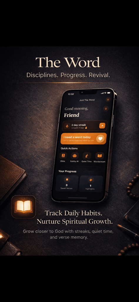 Dashboard der Just The Word App auf einem Smartphone, das tägliche Gebetsstrecken und die Verfolgung des spirituellen Wachstums zeigt