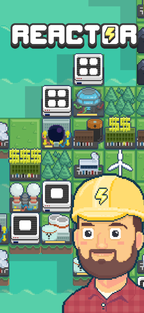 Pixel art d'un gestionnaire de centrale électrique avec des réacteurs et des éoliennes sur une grille dans Reactor Idle Tycoon