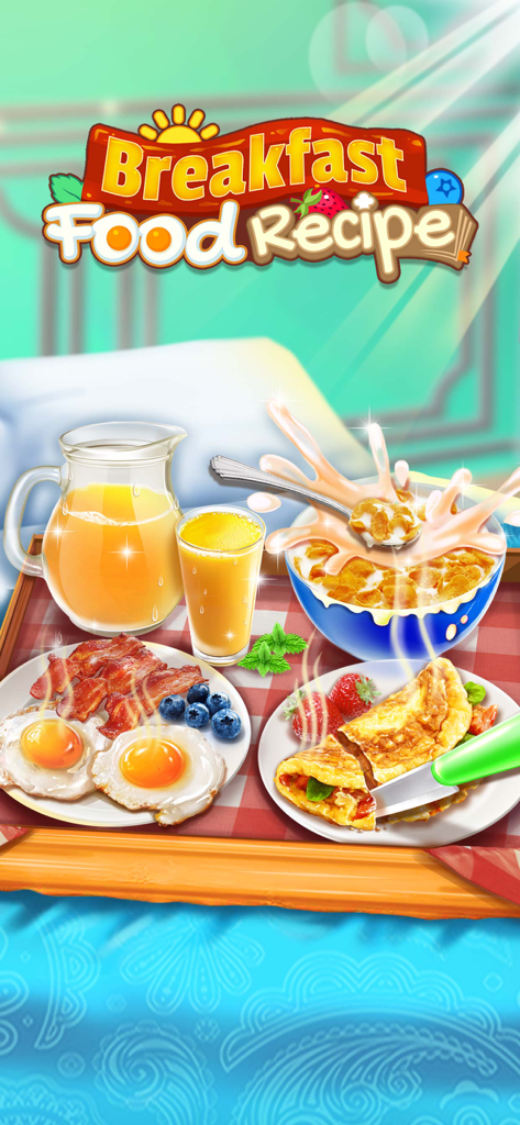 Breakfast tray with eggs bacon cereal and orange juice in a cooking game interface