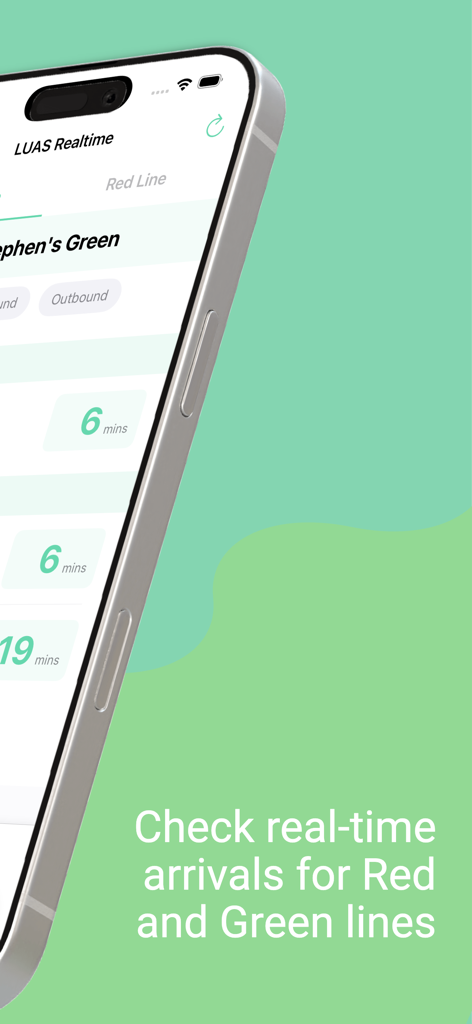 LUAS Realtime - LUAS Realtime App-Oberfläche, die Tram-Ankunftszeiten für die Dublin Green Line auf einem iPhone anzeigt