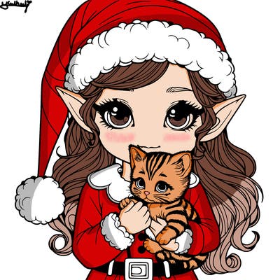 a realistic elf holding a realistic kitten and wearing a christmas outfit