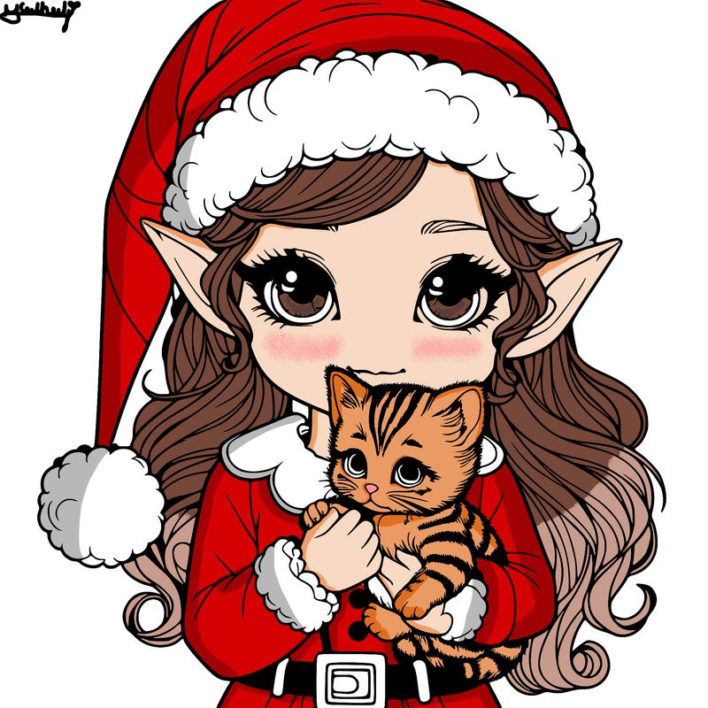 a realistic elf holding a realistic kitten and wearing a christmas outfit