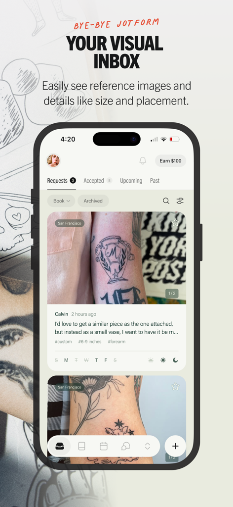 Venue Ink app screenshot showing a visual inbox with tattoo booking requests and client reference photos