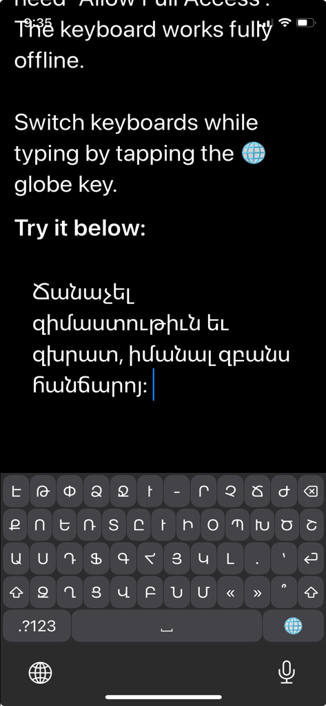 Armenian Phonetic Keyboard user interface on iPhone showing Armenian script