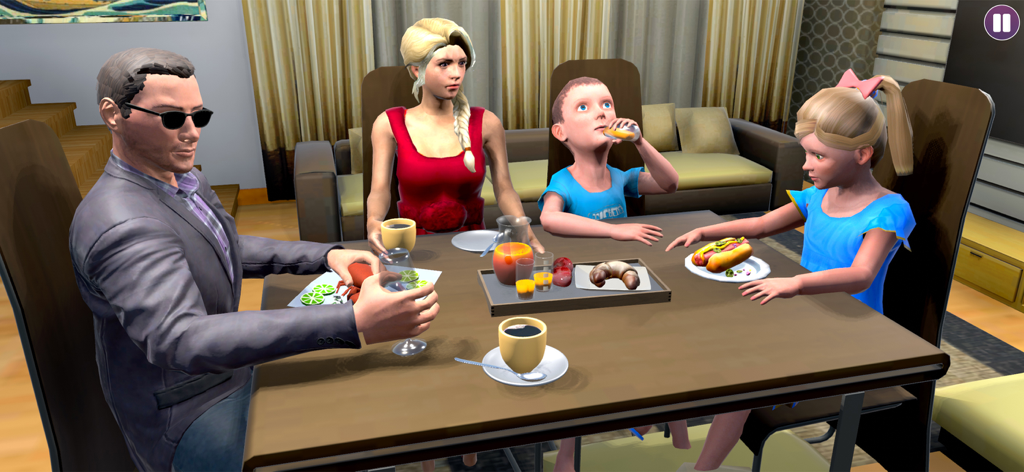 Dream family 3D -Mom simulator - Uma simulação 3D mostrando uma família de quatro pessoas sentada junta à mesa de jantar para uma refeição