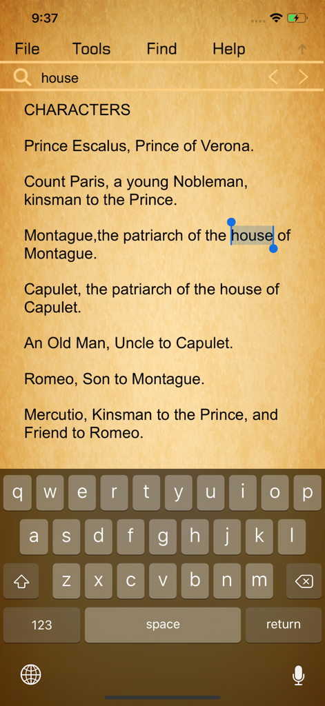 Oberfläche der Shakespeare-App zeigt eine Suche nach dem Wort Haus innerhalb einer Charakterliste aus Romeo und Julia