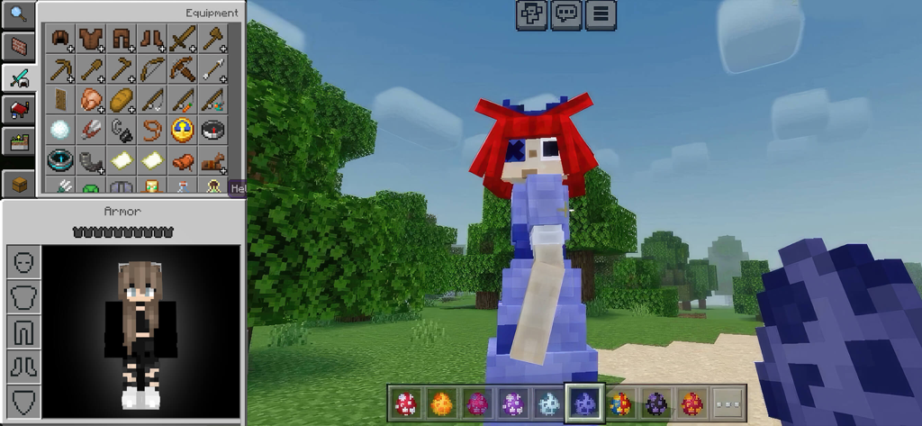 Minecraft gameplay showing character skin customization and modded dragon egg inventory