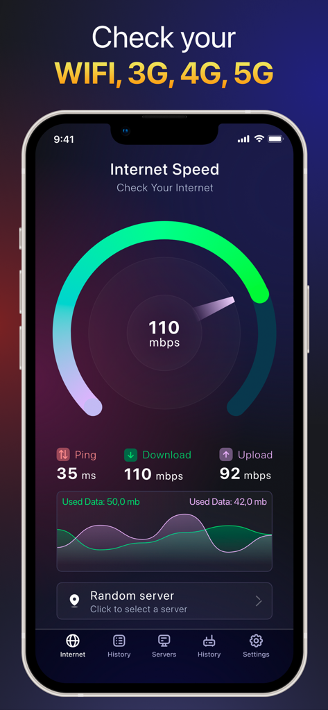 Interfaz de la aplicación Speedtest analizador WiFi que muestra resultados de velocidad de Internet, incluidas métricas de ping, descarga y carga en un smartphone