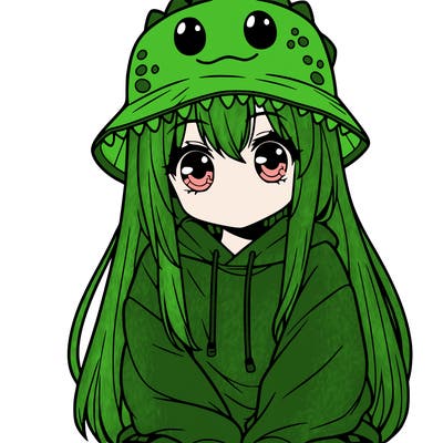 girl with anime shaped eyes with a dinosaur bucket hat oversized sweatshirt long straight hair