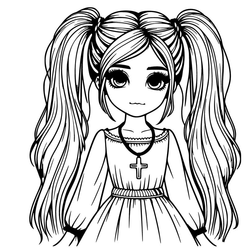 realistic girl with long pigtails wearing a dress with a cross necklace