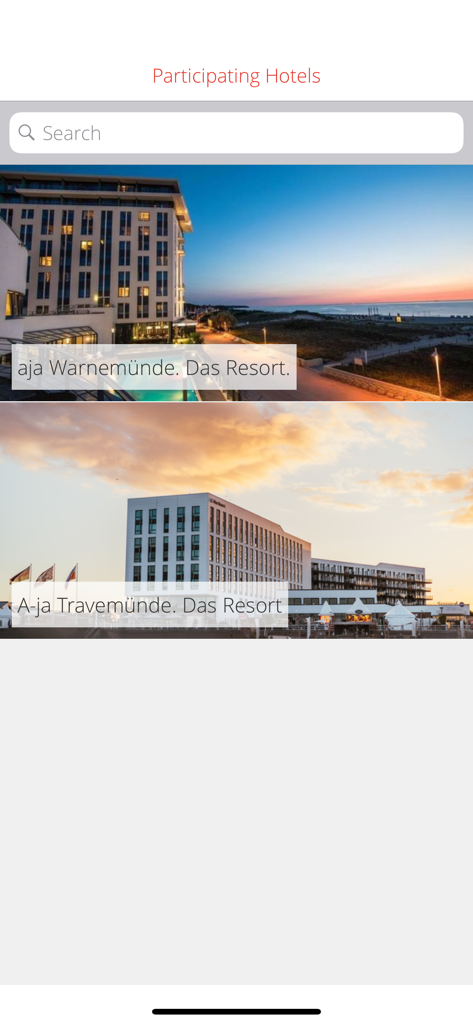 aja Resorts - Uma lista de hotéis participantes no aplicativo aja Resorts mostrando locais de Warnemunde e Travemunde