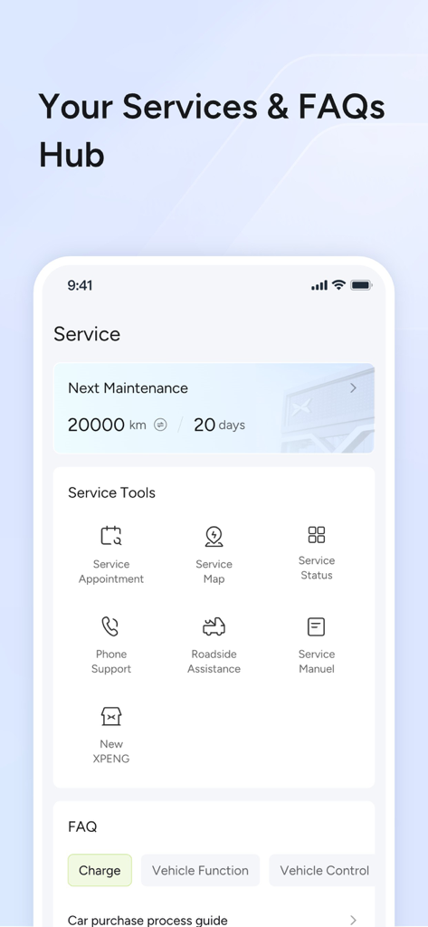 XPENG - XPENG mobile app interface displaying the Service Hub with maintenance tracking, service appointment tools, and FAQ sections.