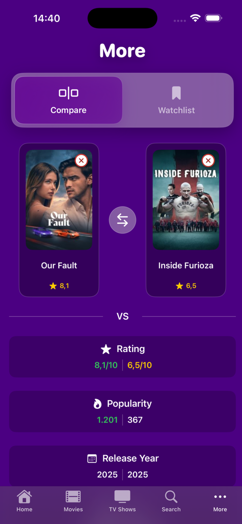 CinesPhere app showing a side by side comparison of two movies with ratings and popularity scores