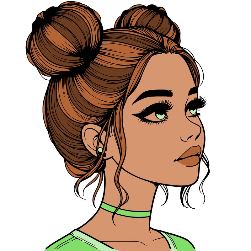 realistic girl with buns on the top of her head