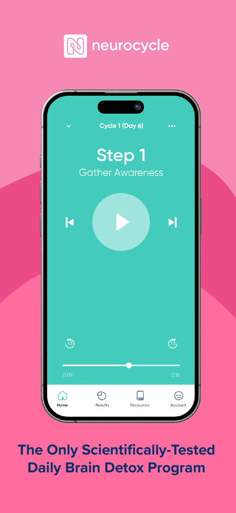 Neurocycle app audio player screen showing Step 1 Gather Awareness of the 63-day brain detox cycle.
