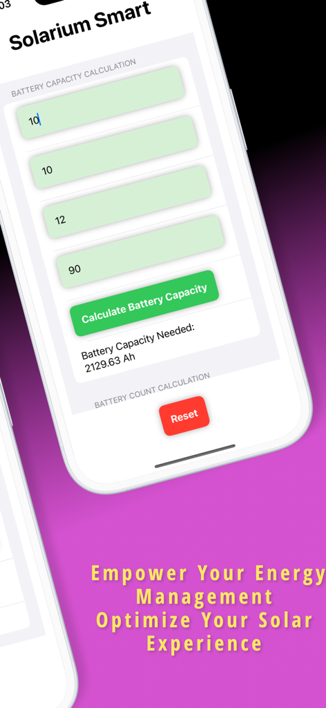 Interface do aplicativo Solarium Smart mostrando um cálculo de capacidade de bateria com campos de entrada e um resultado em Ampere-hora