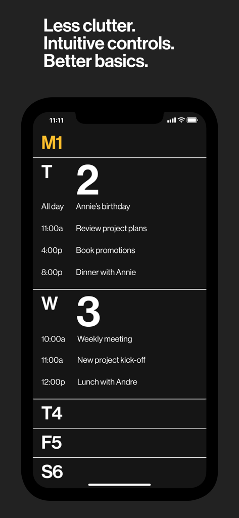 Minimalistische Tagesansicht, die tägliche Ereignisse in einem sauberen, kontrastreichen Dark-Mode-Design zeigt.