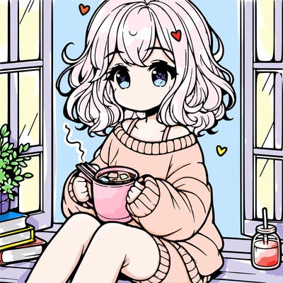 cute anime girl reading book and drinking hot chocolate from mug with loose wavy hair wearing a baggy sweatshirt and shorts sitting by windowsill looking out