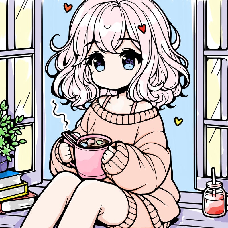 cute anime girl reading book and drinking hot chocolate from mug with loose wavy hair wearing a baggy sweatshirt and shorts sitting by windowsill looking out