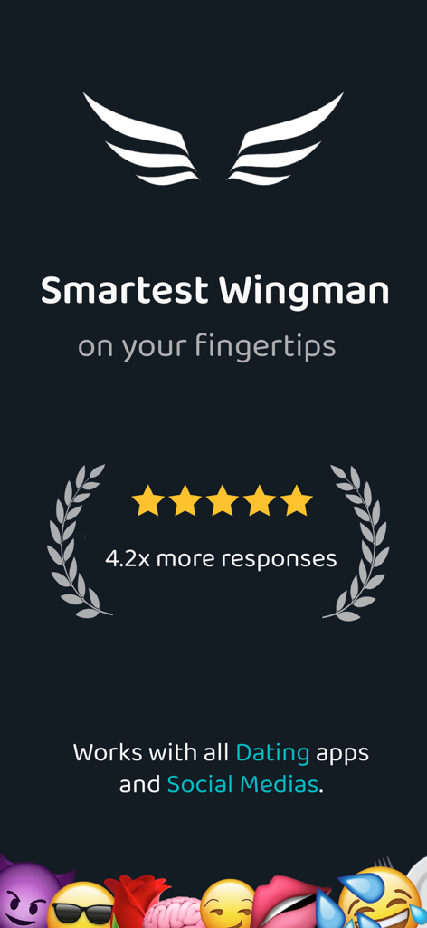 Wingman AI: Texting Guide - Écran de démarrage de Wingman AI mettant en évidence les notes de 5 étoiles et 4,2 fois plus de réponses pour les applications de rencontres et les médias sociaux.