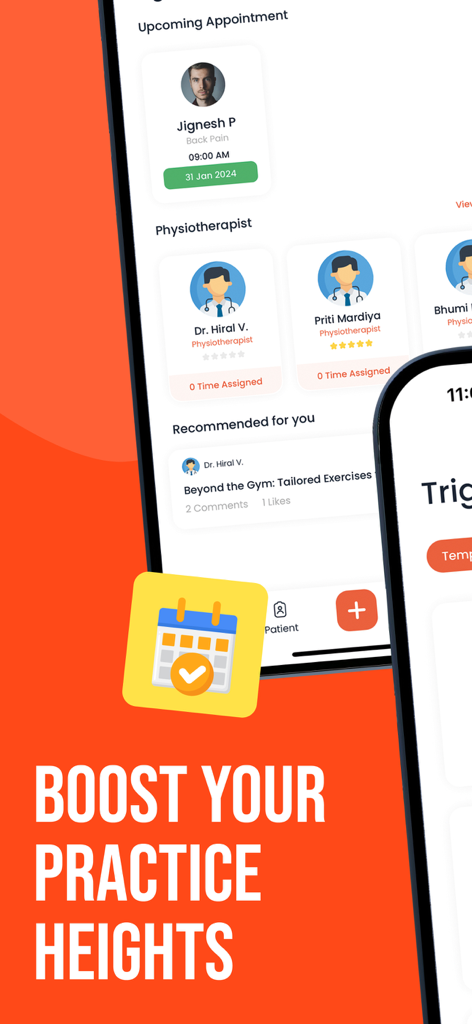 VirtueLife: Physiotherapy - VirtueLife app interface showing patient appointment scheduling and professional physiotherapist profiles