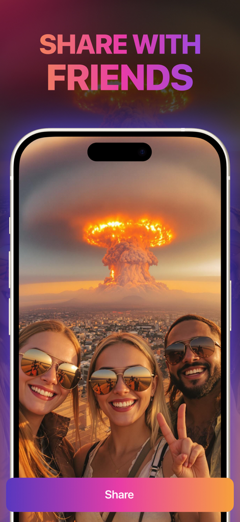 Una captura de pantalla de la aplicación PixVideo AI que muestra una selfie grupal con un fondo de explosión de nube de hongo generado por IA y un botón para compartir.