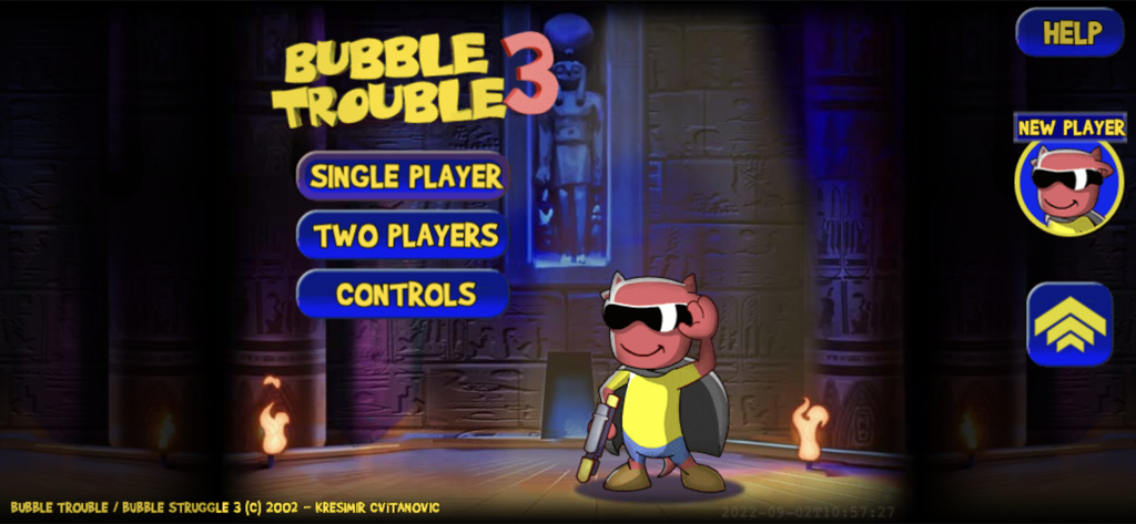 Bubble Trouble 3 - Bubble Trouble 3 main menu screen featuring game modes and a character in an ancient Egyptian temple setting