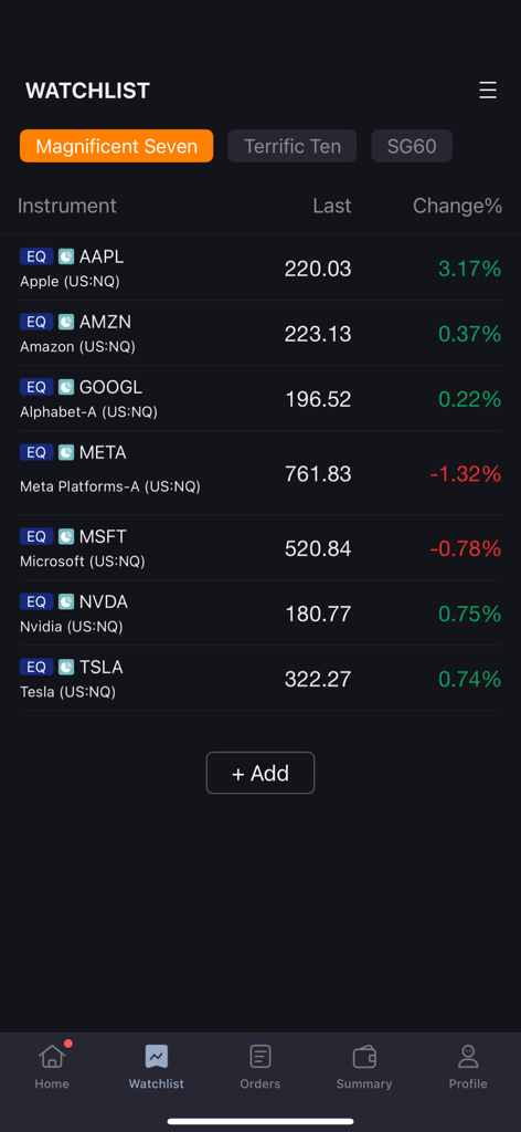 Stock watchlist in the NOVA trading app showing the performance of major tech companies known as the Magnificent Seven.