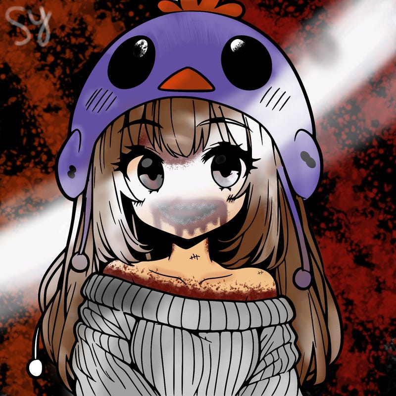 anime girl with chick shaped hat with sweater with bare shoulders with bangs covering them one eye with low tail