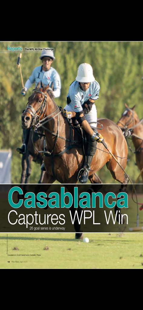 Polo Times - Action shot of a polo player with the headline Casablanca Captures WPL Win in Polo Times magazine