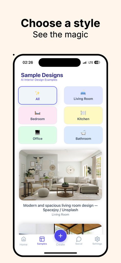 AI Interior Design - Decor - Screenshot of the AI Interior Design app displaying room categories and a modern living room design sample