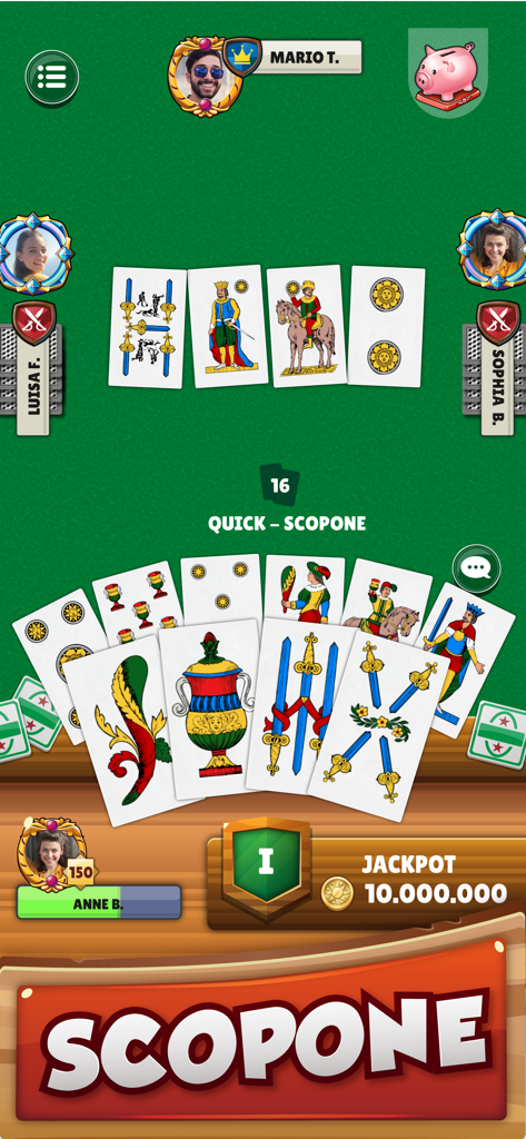 A four-player online match of Scopone in the Scopa la Sfida mobile app featuring traditional Italian cards on a green table.