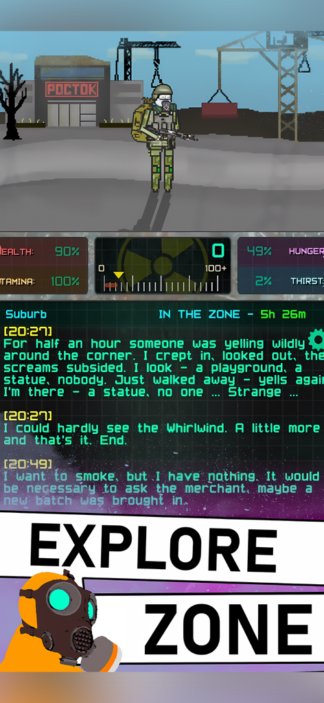 Pocket ZONE - Pocket ZONE gameplay showing a pixel art character and survival status bars.