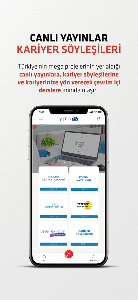 e-insan - Mobile screen of the e-insan app showing the YTNK TV section with career talks and educational live broadcasts
