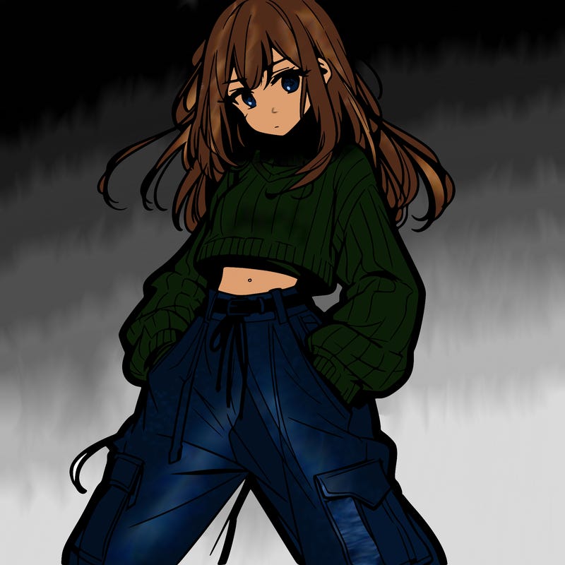 anime teen girl with baggy pants and crop top with sweater