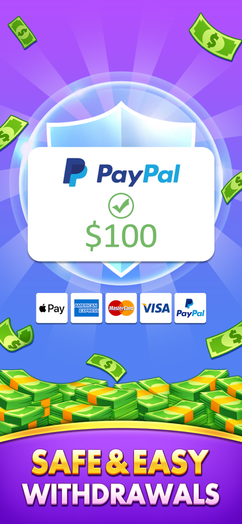 Safe and easy cash withdrawal screen for Bingo Win Cash showing payment options like PayPal and Apple Pay