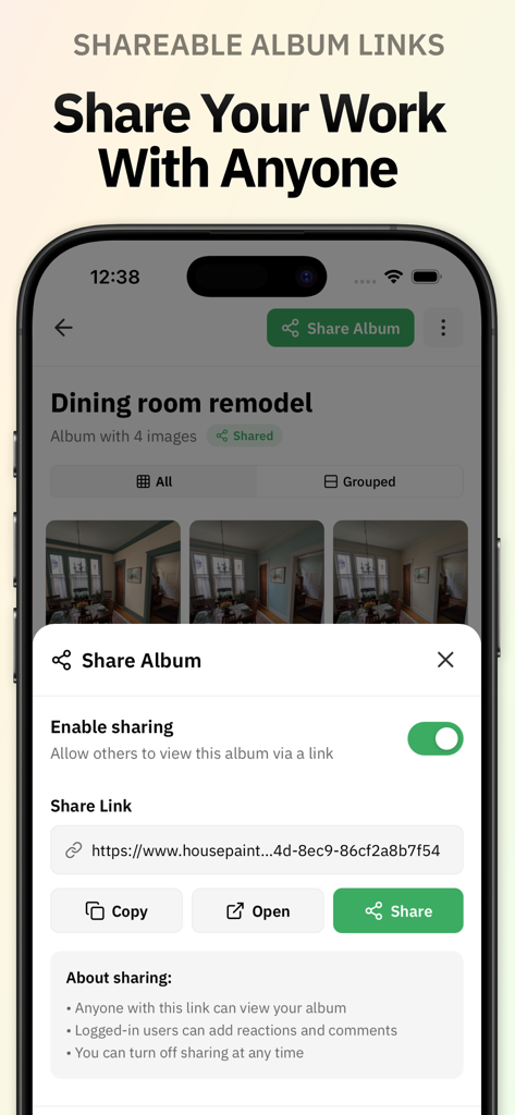 A screenshot of the Repaint app showing options to share a house paint project album via a link