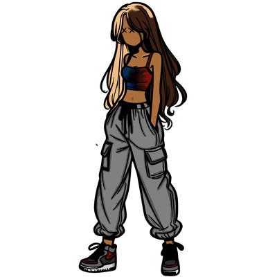 girl in baggy pants crop top and long hair