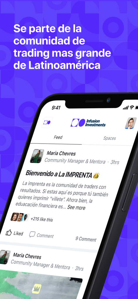 Interface móvel do aplicativo Infusion Investments mostrando um feed social para a comunidade de trading latina