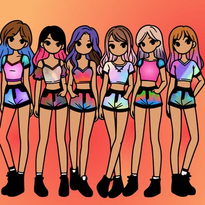 a group of girls wearing crop tops and shorts