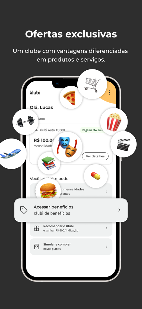 Interface of the Klubi app showcasing exclusive member benefits and offers for various products and services